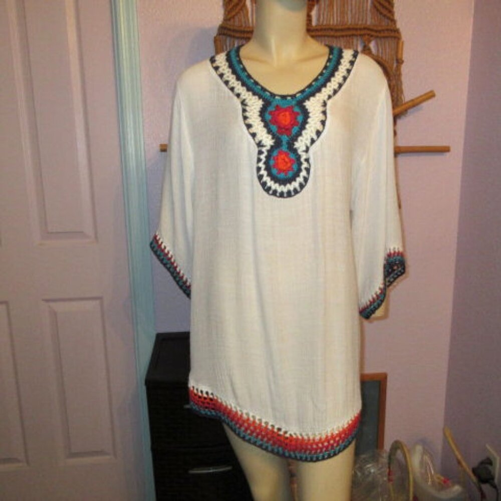 Crochet Granny Square Gauze Blouse Top Size XL Sheer Tunic Beach Boho Hippie EUC